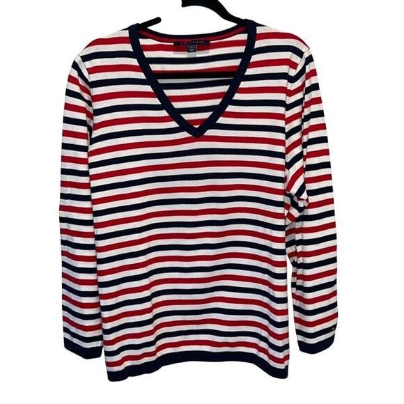 Tommy Hilfiger Womens Striped Knit V-neck Cotton Long Sleeve Sweater Red Blue 1X - Picture 1 of 7